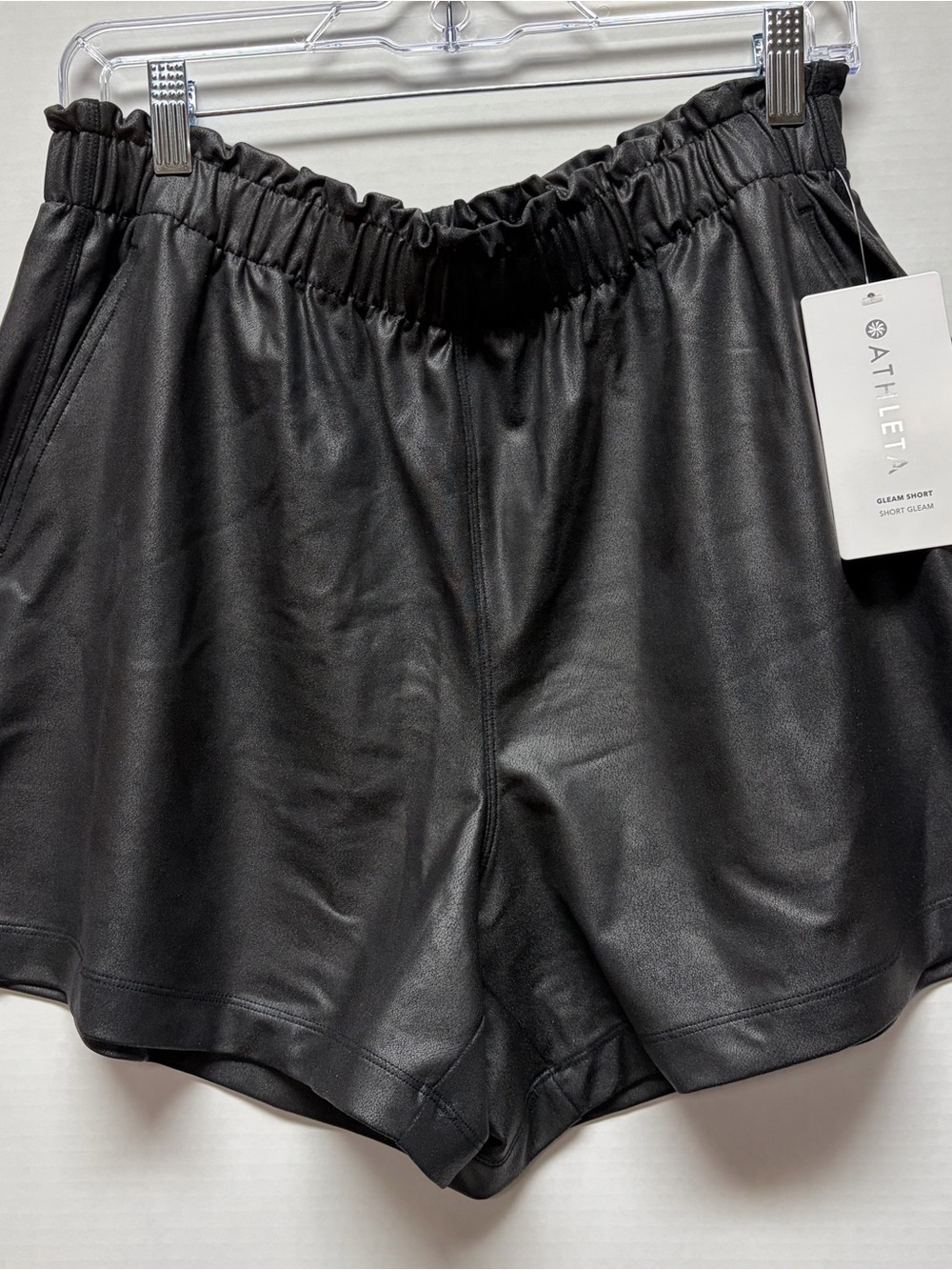 Athleta Black Faux-Leather Elastic-Waist Athletic Shorts with pockets Gleam NWT